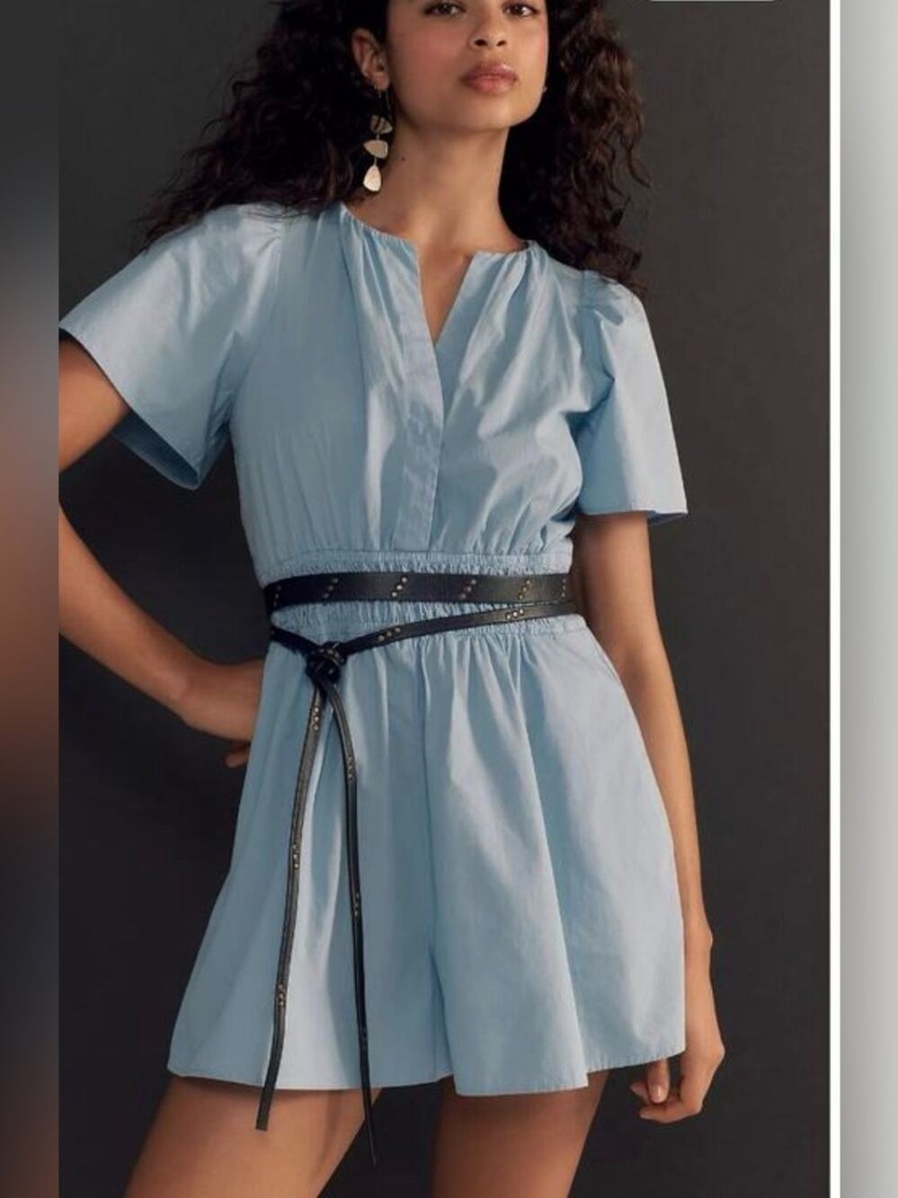 Anthropologie Somerset Poplin Light Blue Flutter Sleeve Smocked waist Romper XL